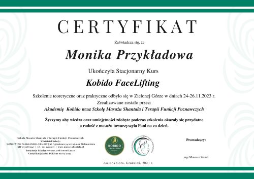 Certyfikat FaceLifting KOBIDO